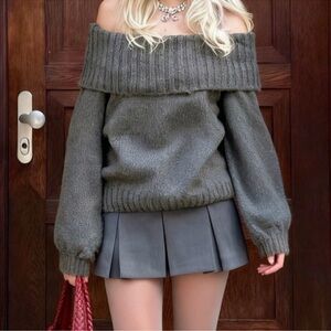 Cozy Solid Gray Fold Over Off Shoulder Sweater XS S M L XL